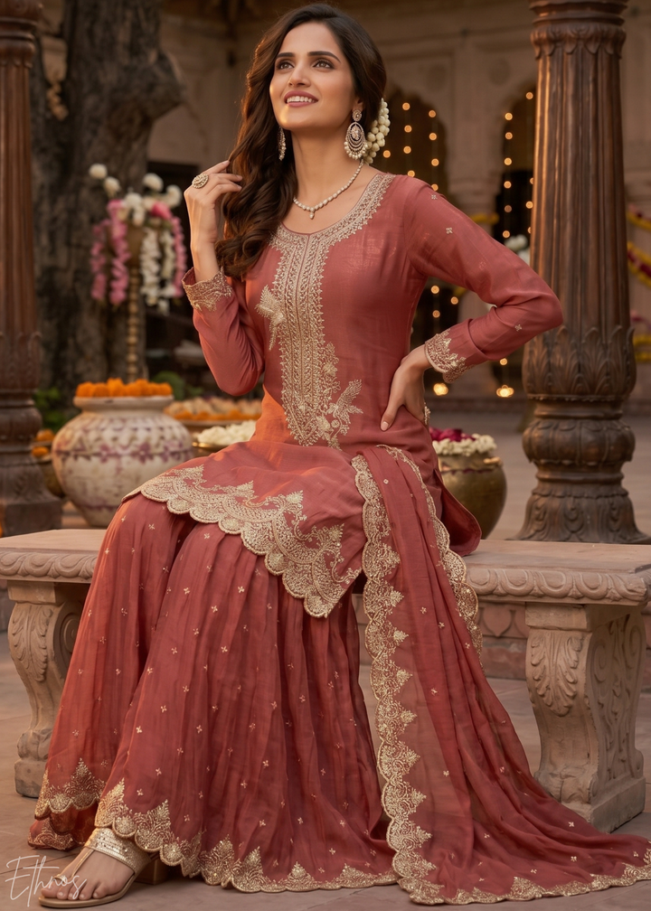 Spiced Terracotta Regal-Embroidered Silk Sharara Suit