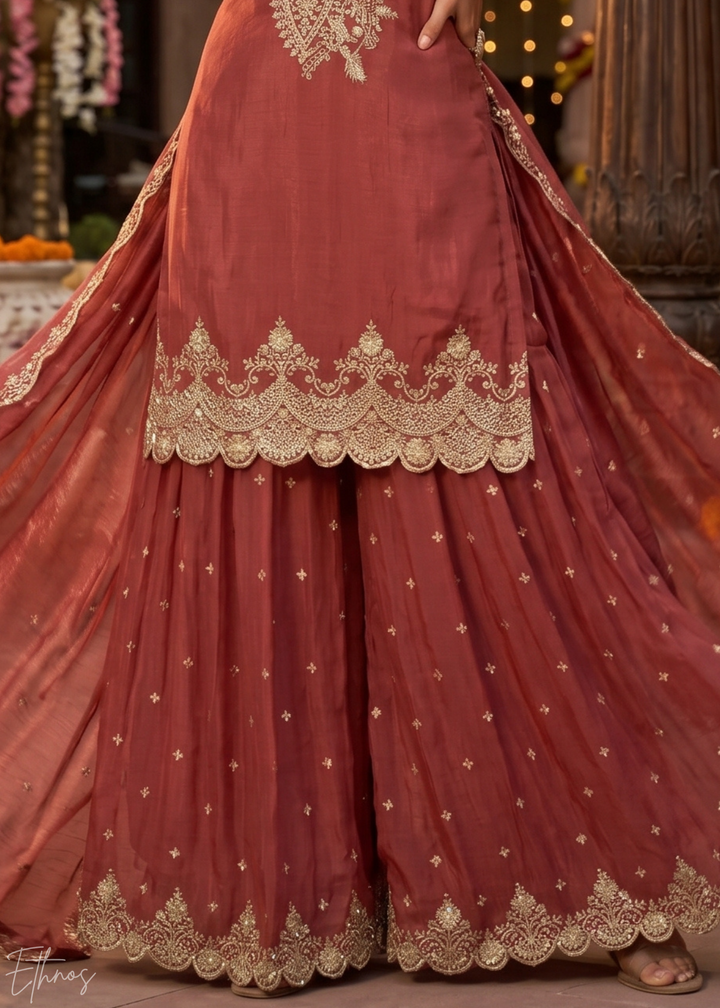 Spiced Terracotta Regal-Embroidered Silk Sharara Suit
