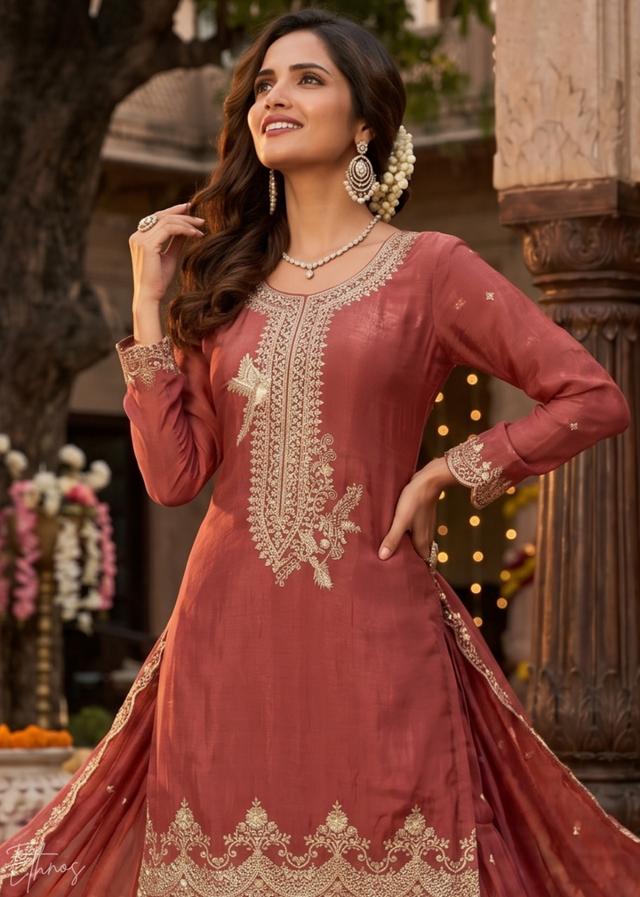 Spiced Terracotta Regal-Embroidered Silk Sharara Suit