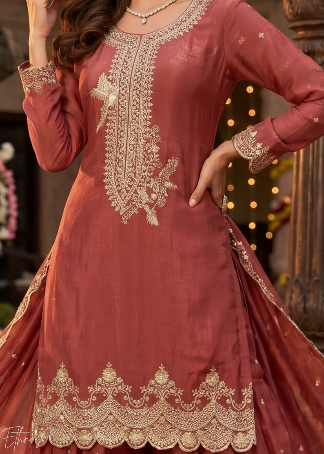 Spiced Terracotta Regal-Embroidered Silk Sharara Suit