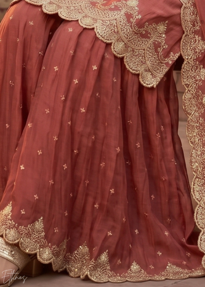 Spiced Terracotta Regal-Embroidered Silk Sharara Suit