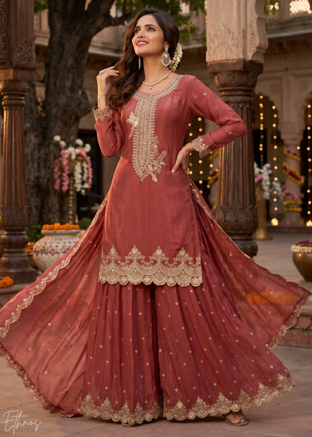 Spiced Terracotta Regal-Embroidered Silk Sharara Suit