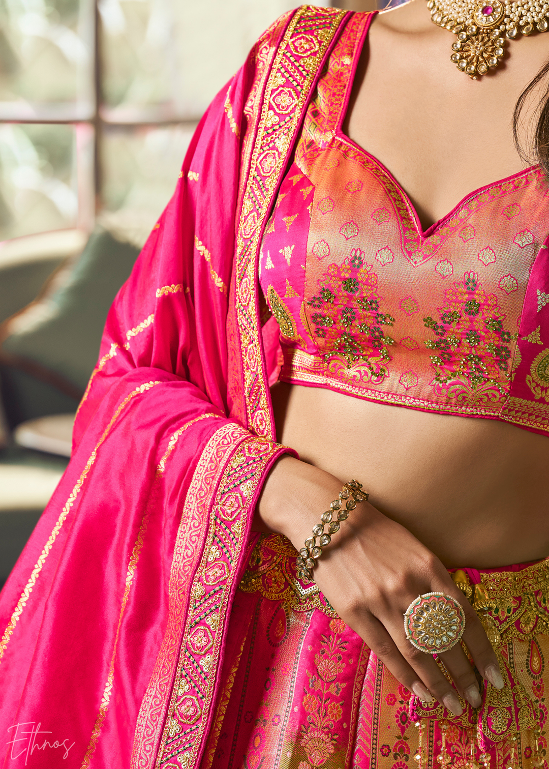 Spinel Geometric Mughal Banarasi Silk Lehenga