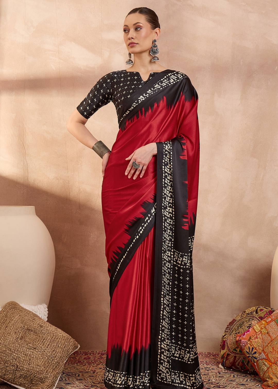 Spinel Red Modal Silk Bandhani Border Saree