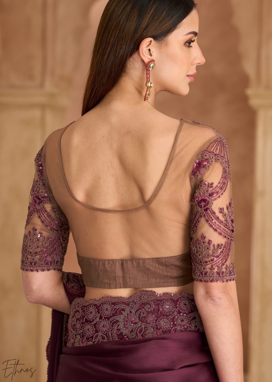 Dark Garnet Ornate Finish Satin Chiffon Saree