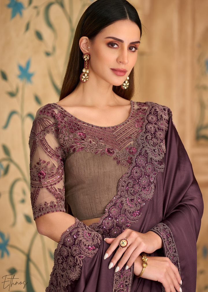 Dark Garnet Ornate Finish Satin Chiffon Saree
