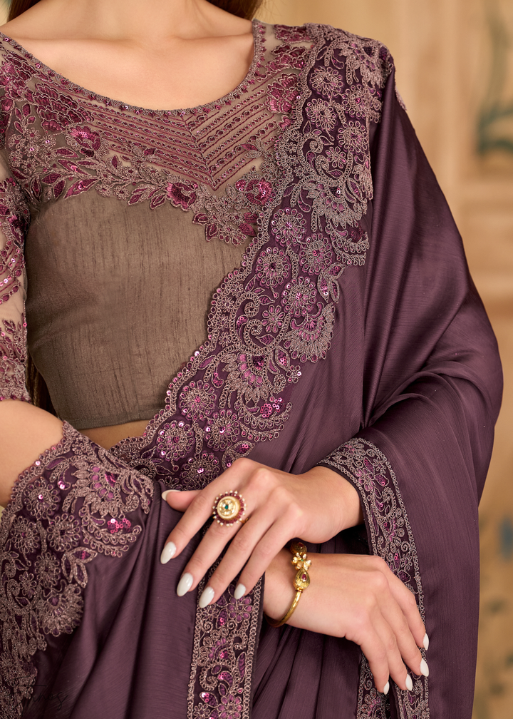 Dark Garnet Ornate Finish Satin Chiffon Saree