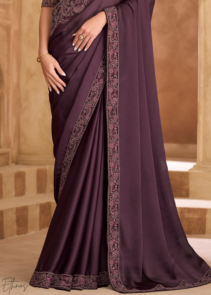 Dark Garnet Ornate Finish Satin Chiffon Saree