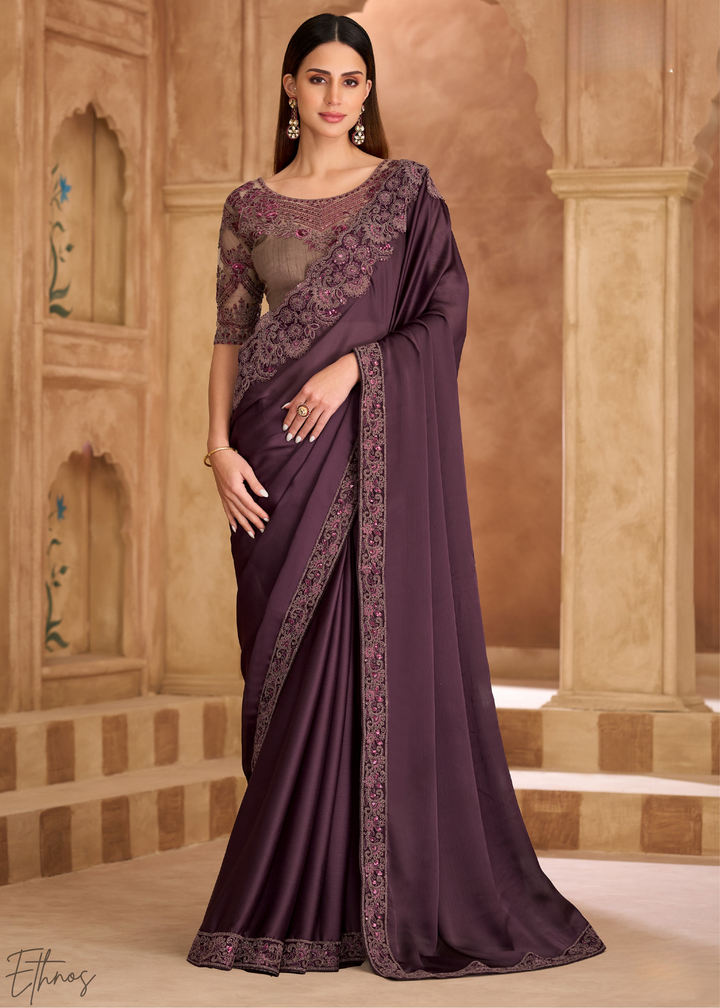 Dark Garnet Ornate Finish Satin Chiffon Saree