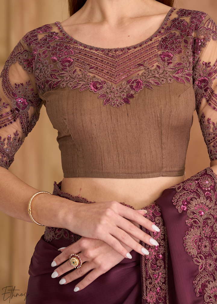Dark Garnet Ornate Finish Satin Chiffon Saree