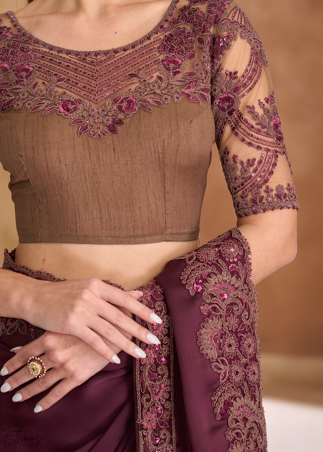 Dark Garnet Ornate Finish Satin Chiffon Saree