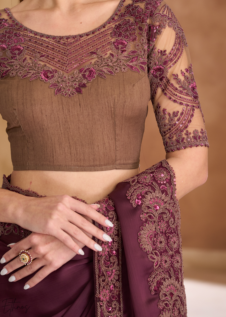Dark Garnet Ornate Finish Satin Chiffon Saree