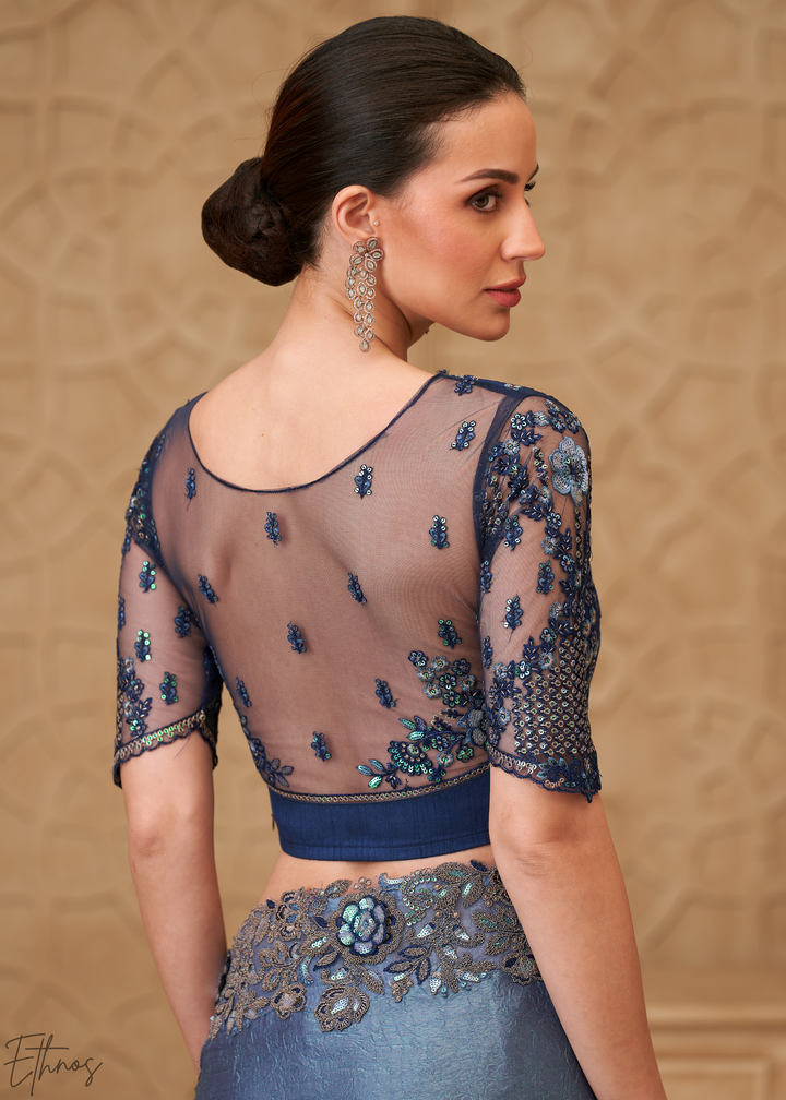 Steel Blue Classic Border Satin Georgette Saree