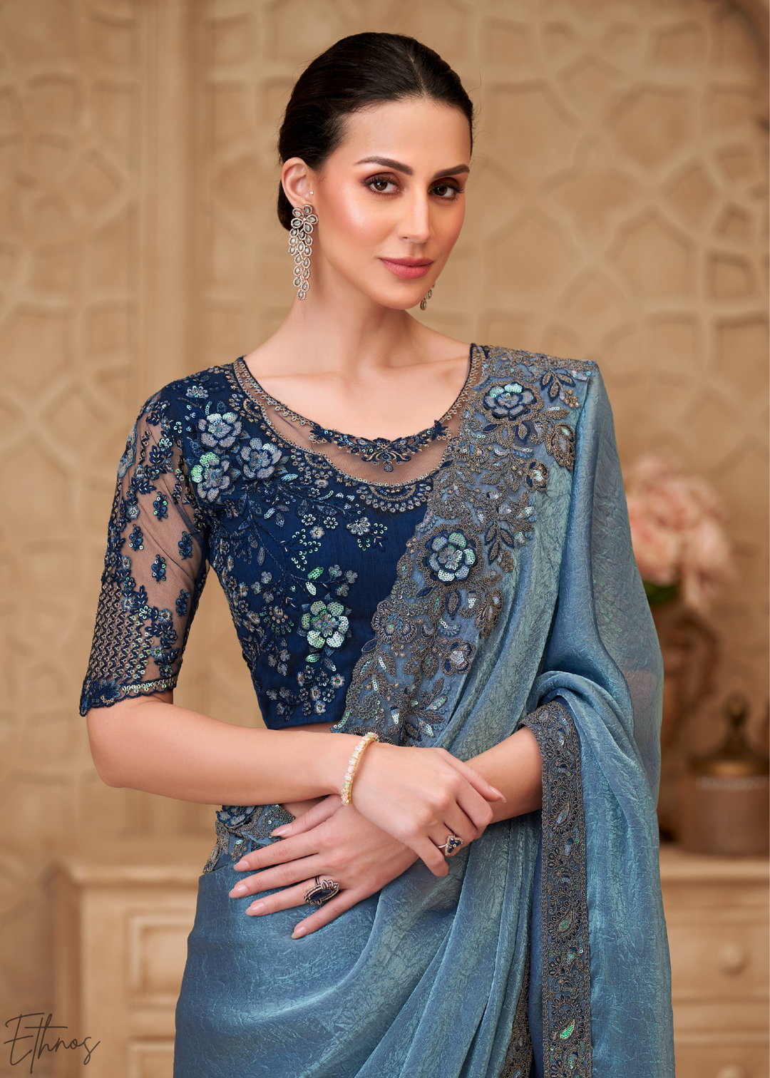 Steel Blue Classic Border Satin Georgette Saree