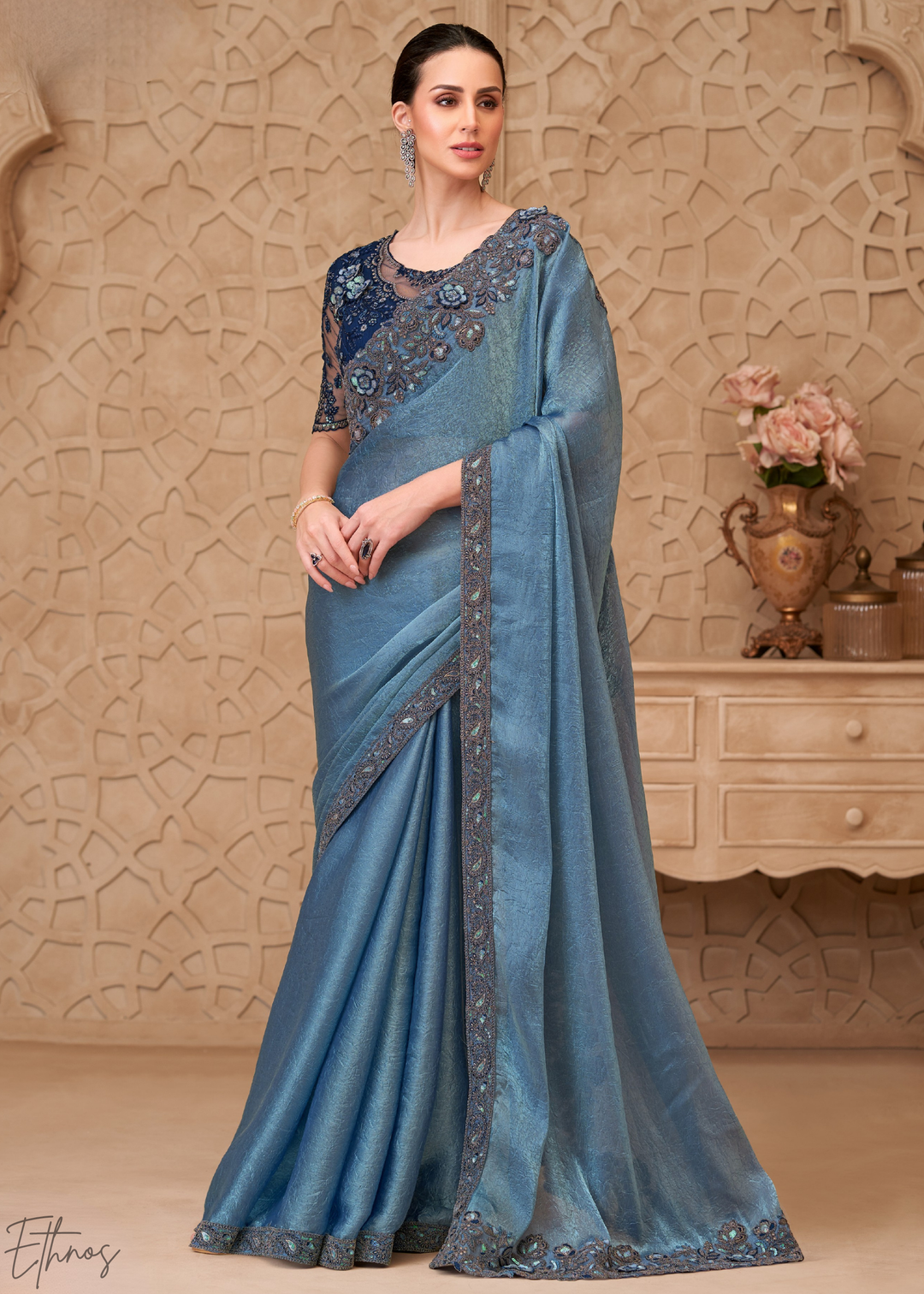 Steel Blue Classic Border Satin Georgette Saree