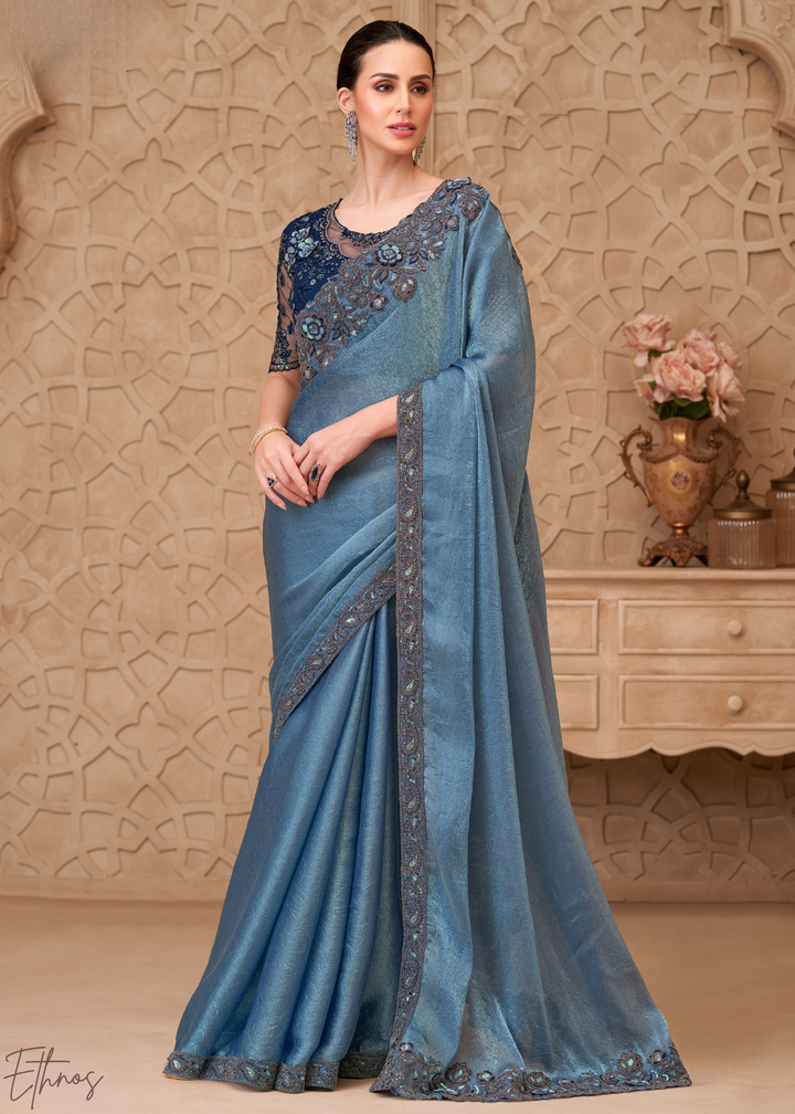 Steel Blue Classic Border Satin Georgette Saree