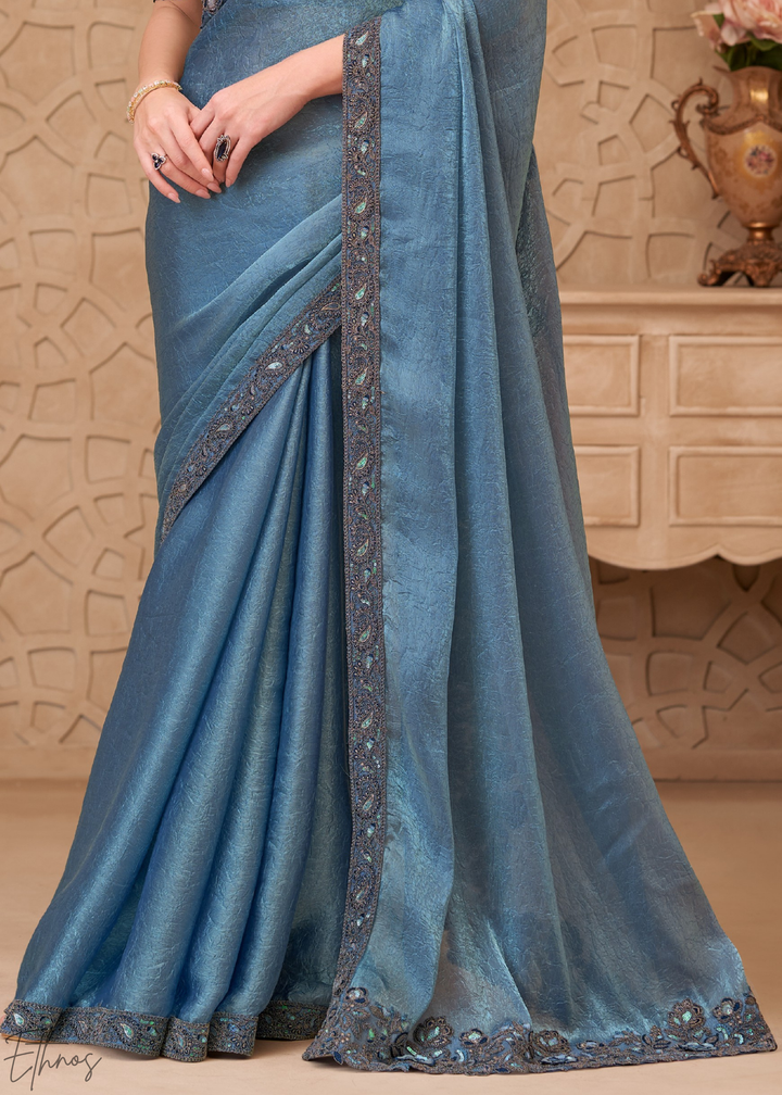 Steel Blue Classic Border Satin Georgette Saree