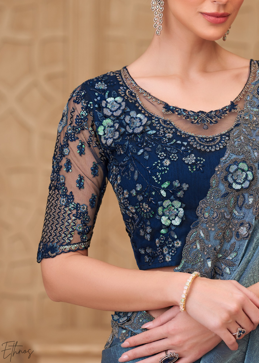 Steel Blue Classic Border Satin Georgette Saree