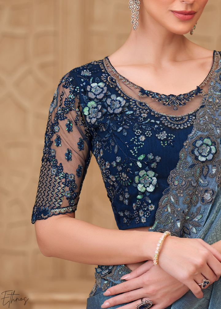 Steel Blue Classic Border Satin Georgette Saree