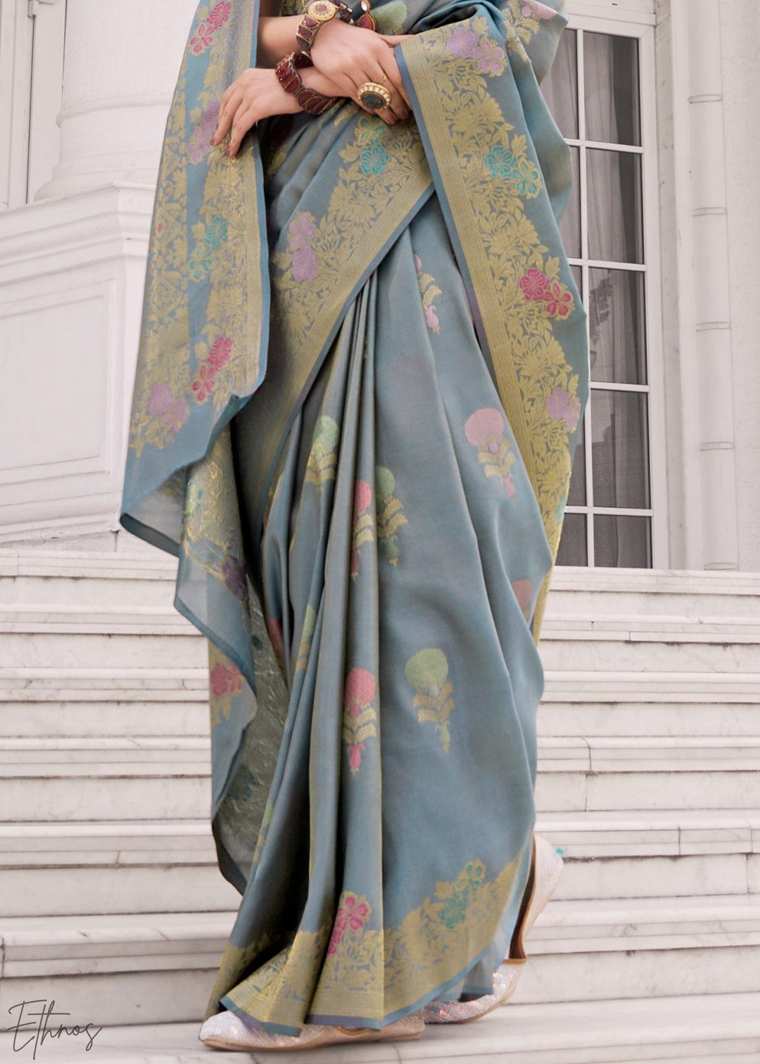 Steel Blue Damask Kora Silk Saree
