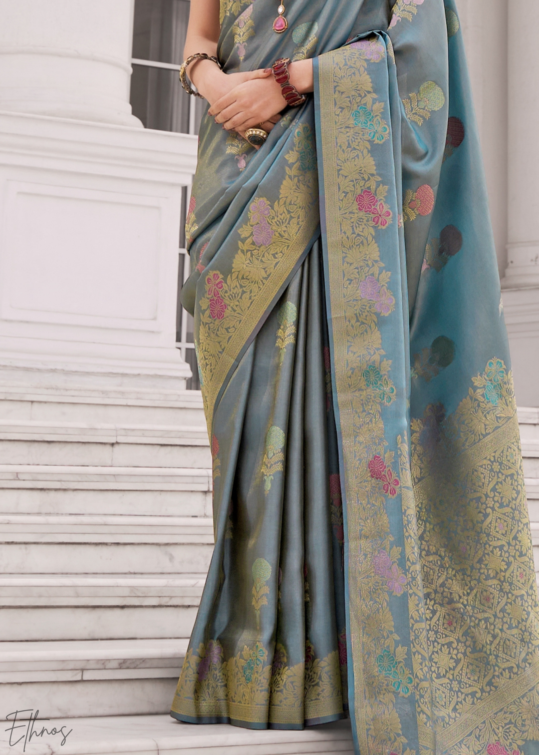 Steel Blue Damask Kora Silk Saree