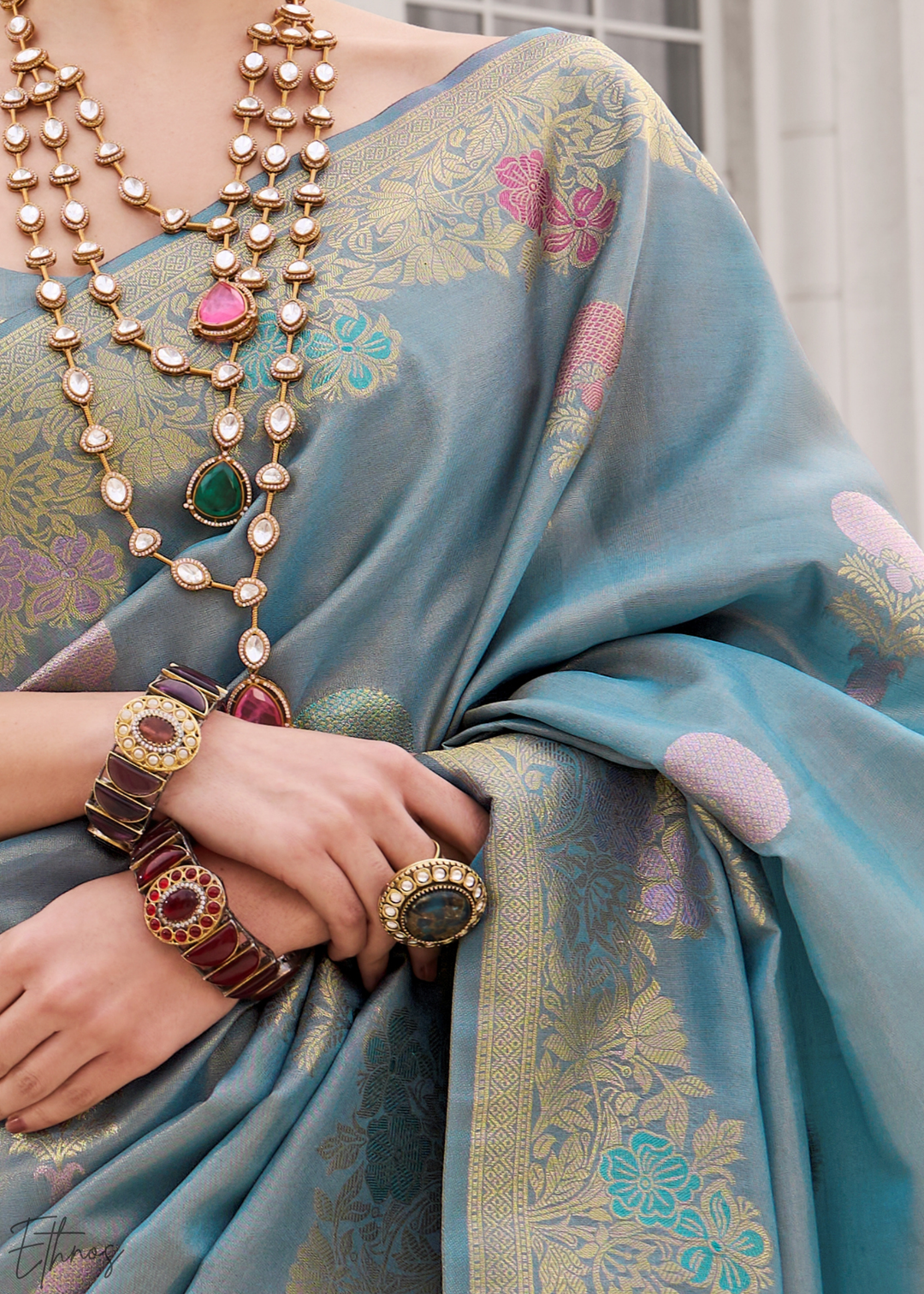 Steel Blue Damask Kora Silk Saree
