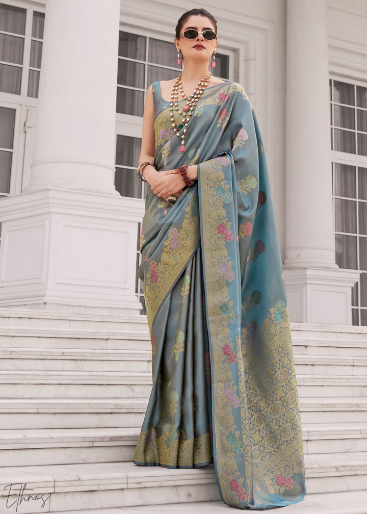 Steel Blue Damask Kora Silk Saree