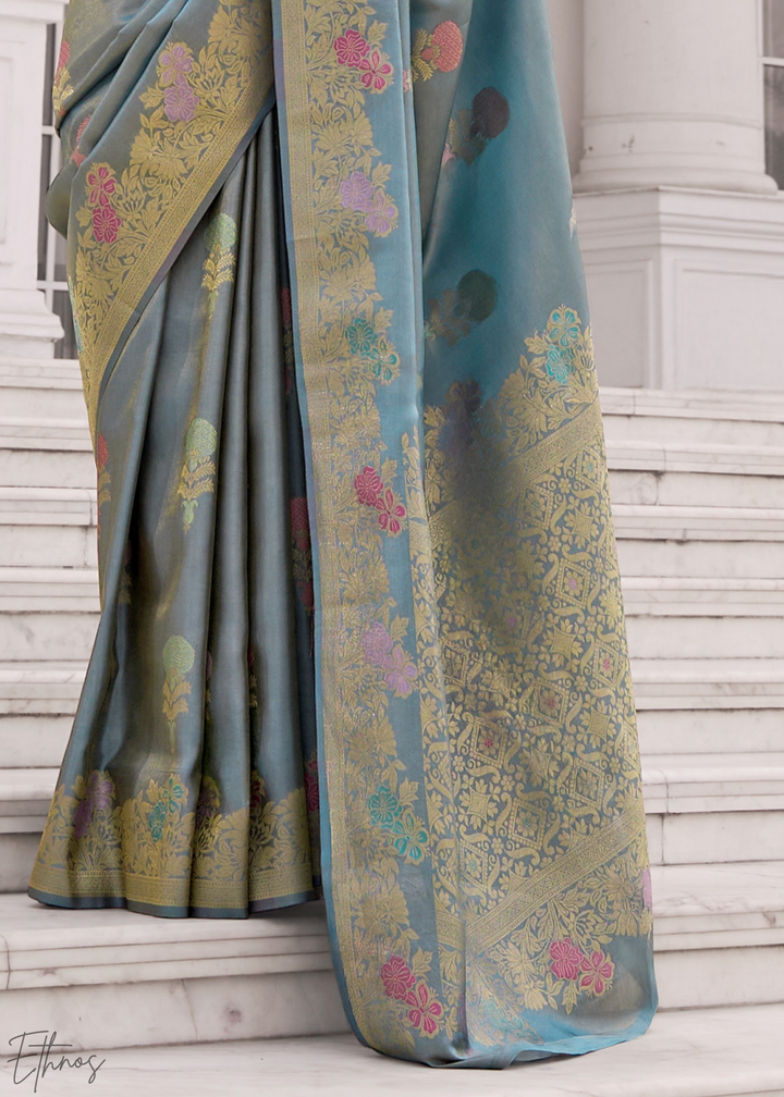 Steel Blue Damask Kora Silk Saree