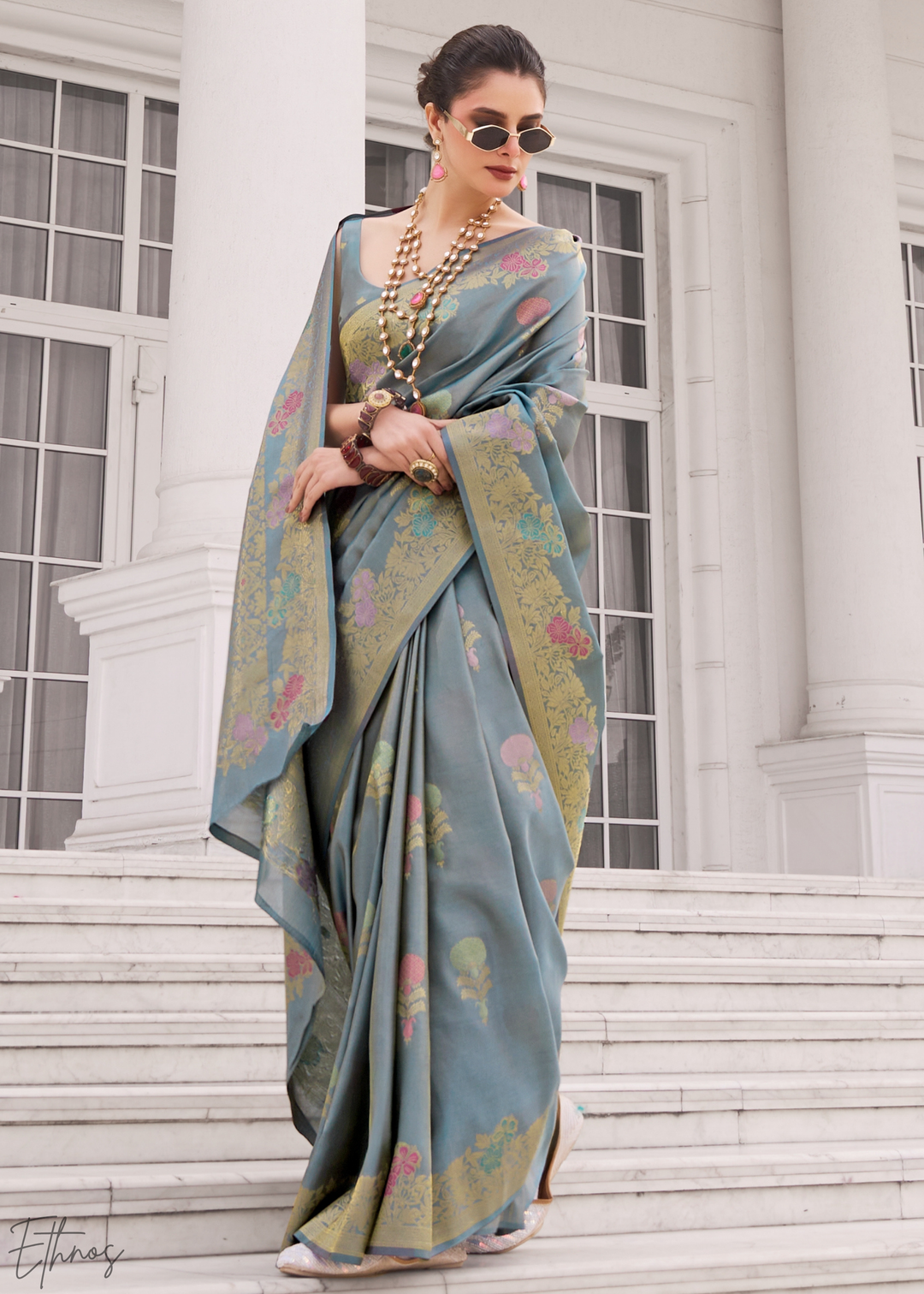 Steel Blue Damask Kora Silk Saree