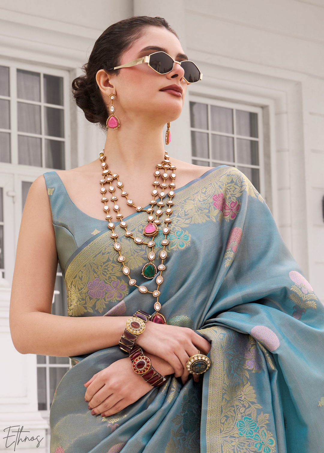 Steel Blue Damask Kora Silk Saree