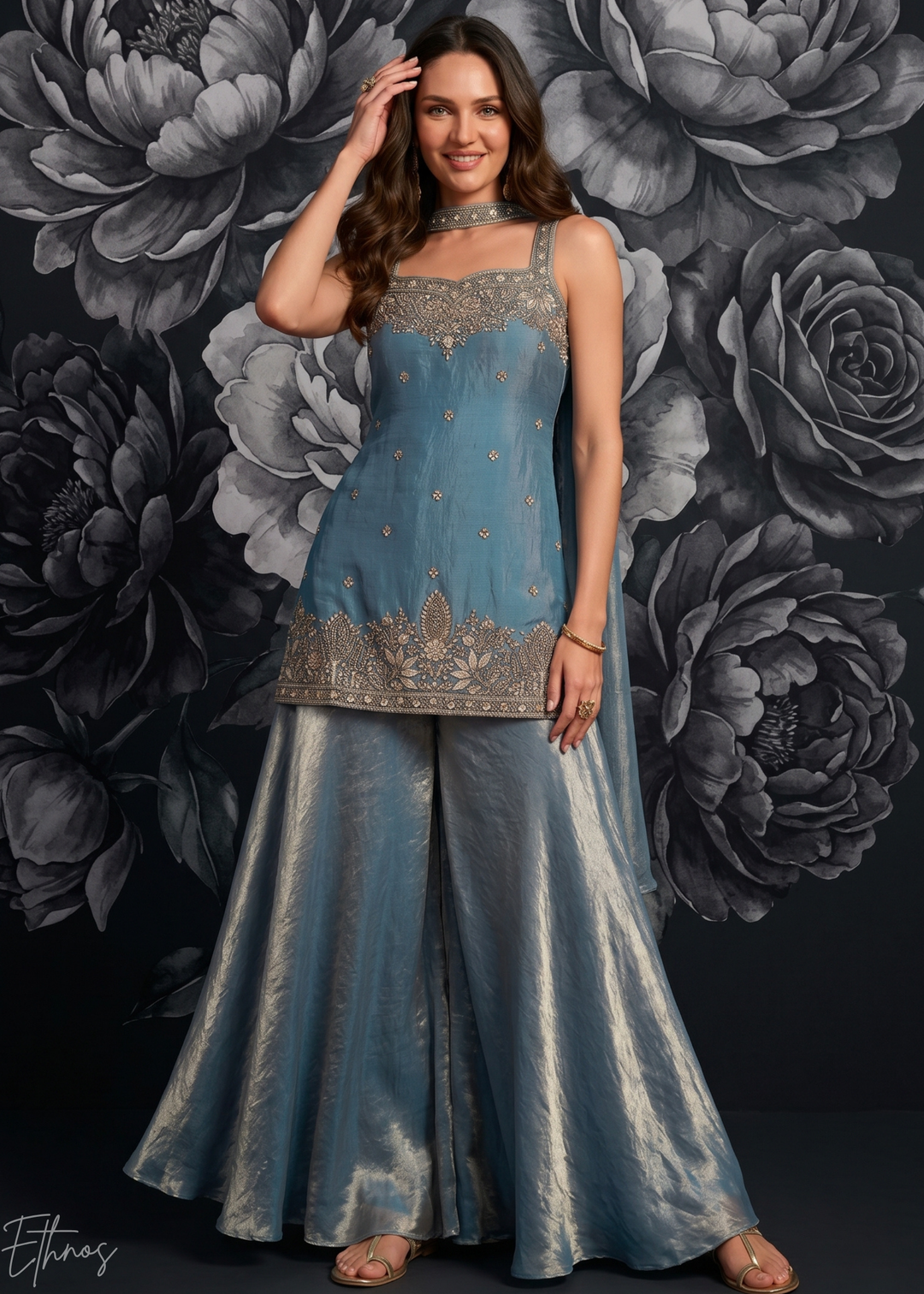 Steel Blue Embroidered Silk Flared Palazzo Suit