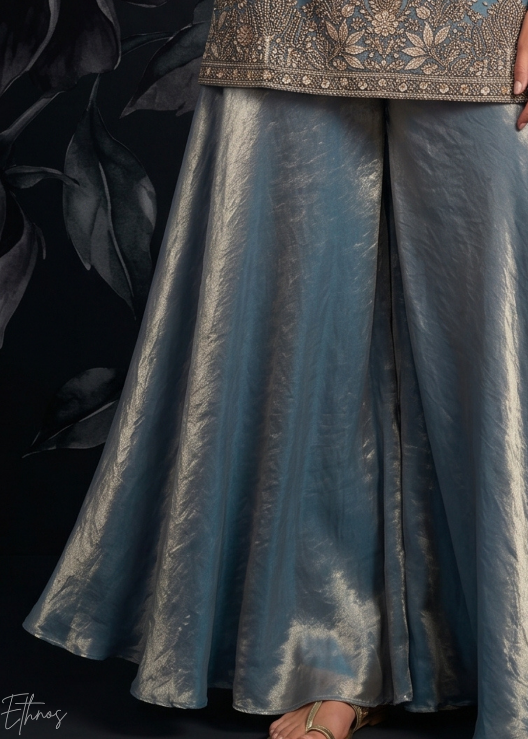 Steel Blue Embroidered Silk Flared Palazzo Suit