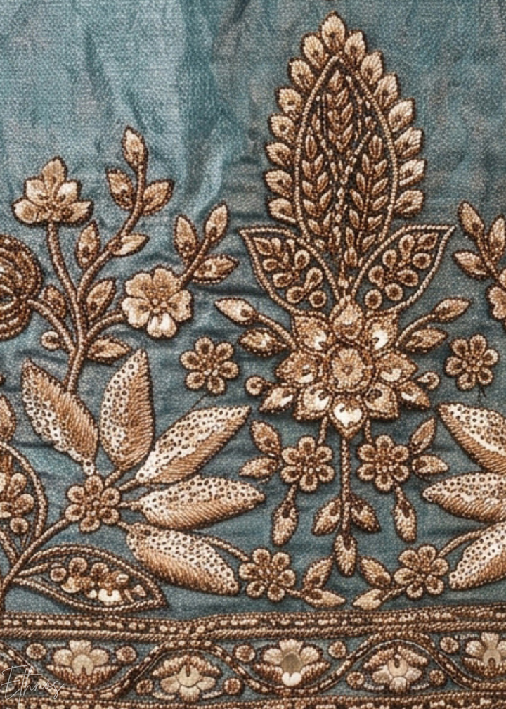 Steel Blue Embroidered Silk Flared Palazzo Suit