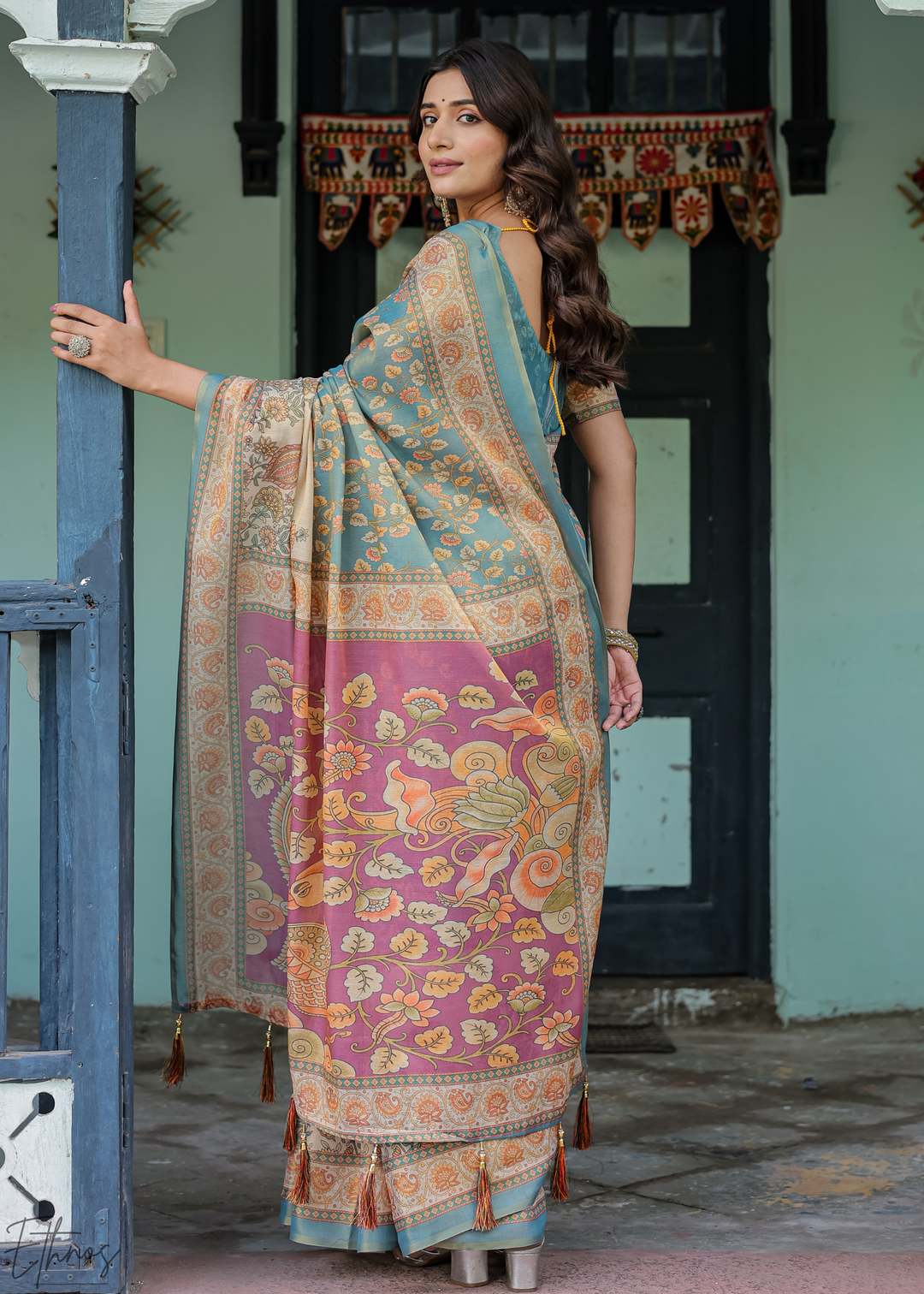 Steel Blue Royal Heritage Cotton Linen Saree