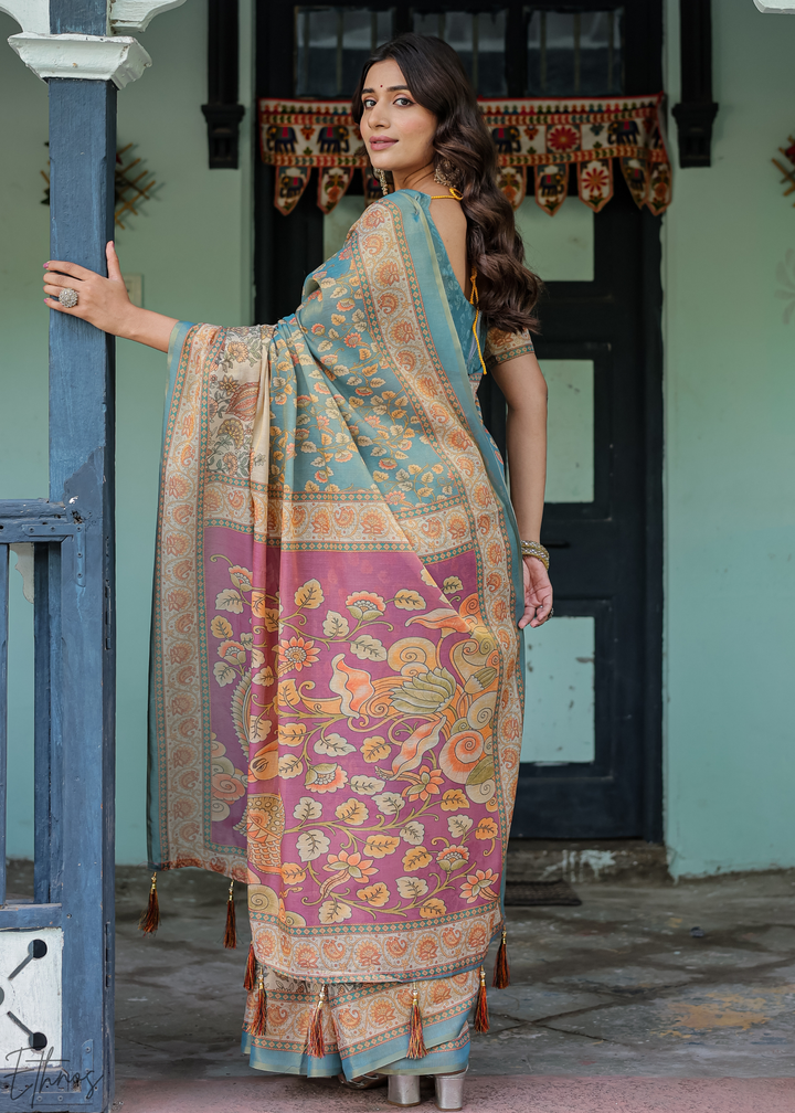 Steel Blue Royal Heritage Cotton Linen Saree