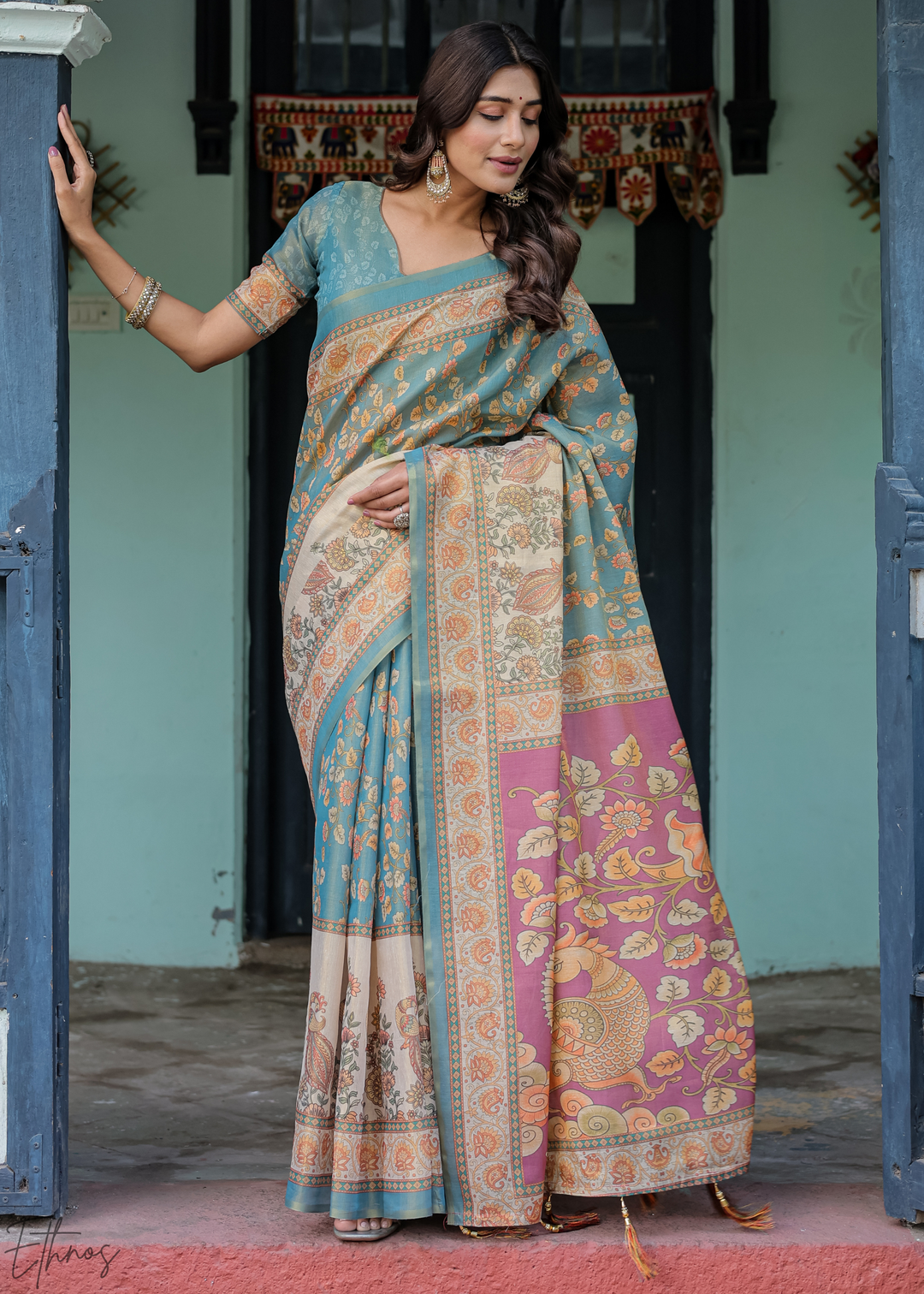 Steel Blue Royal Heritage Cotton Linen Saree