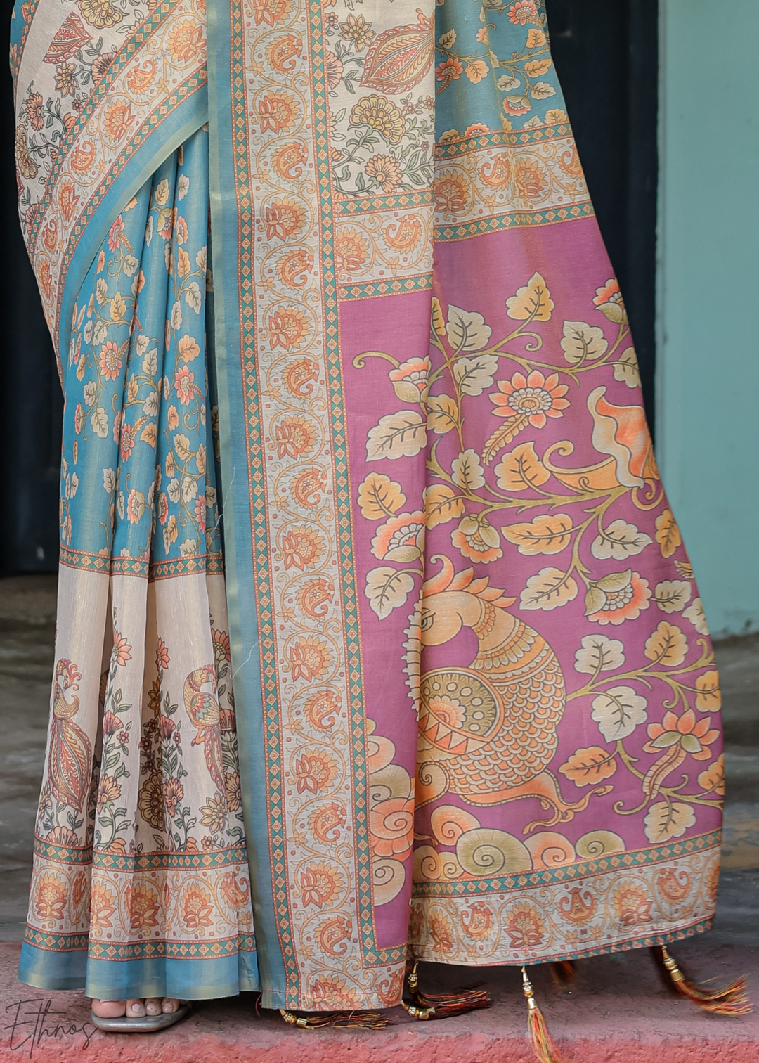 Steel Blue Royal Heritage Cotton Linen Saree