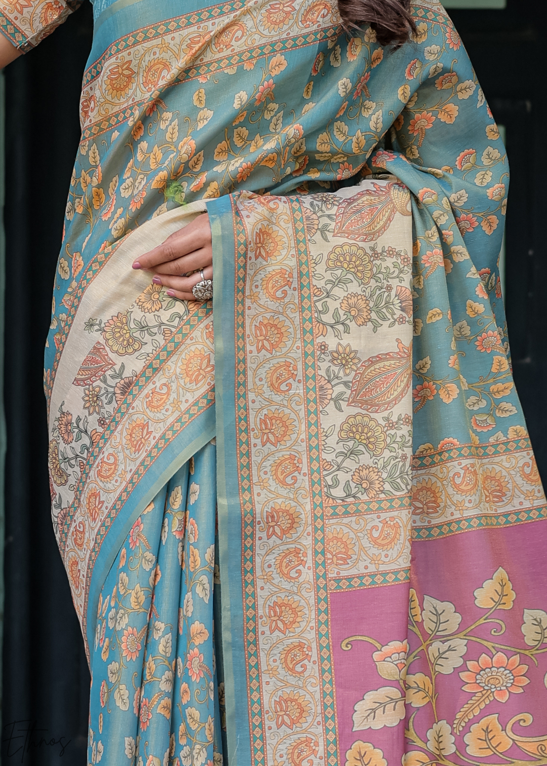 Steel Blue Royal Heritage Cotton Linen Saree