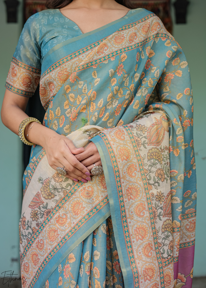 Steel Blue Royal Heritage Cotton Linen Saree