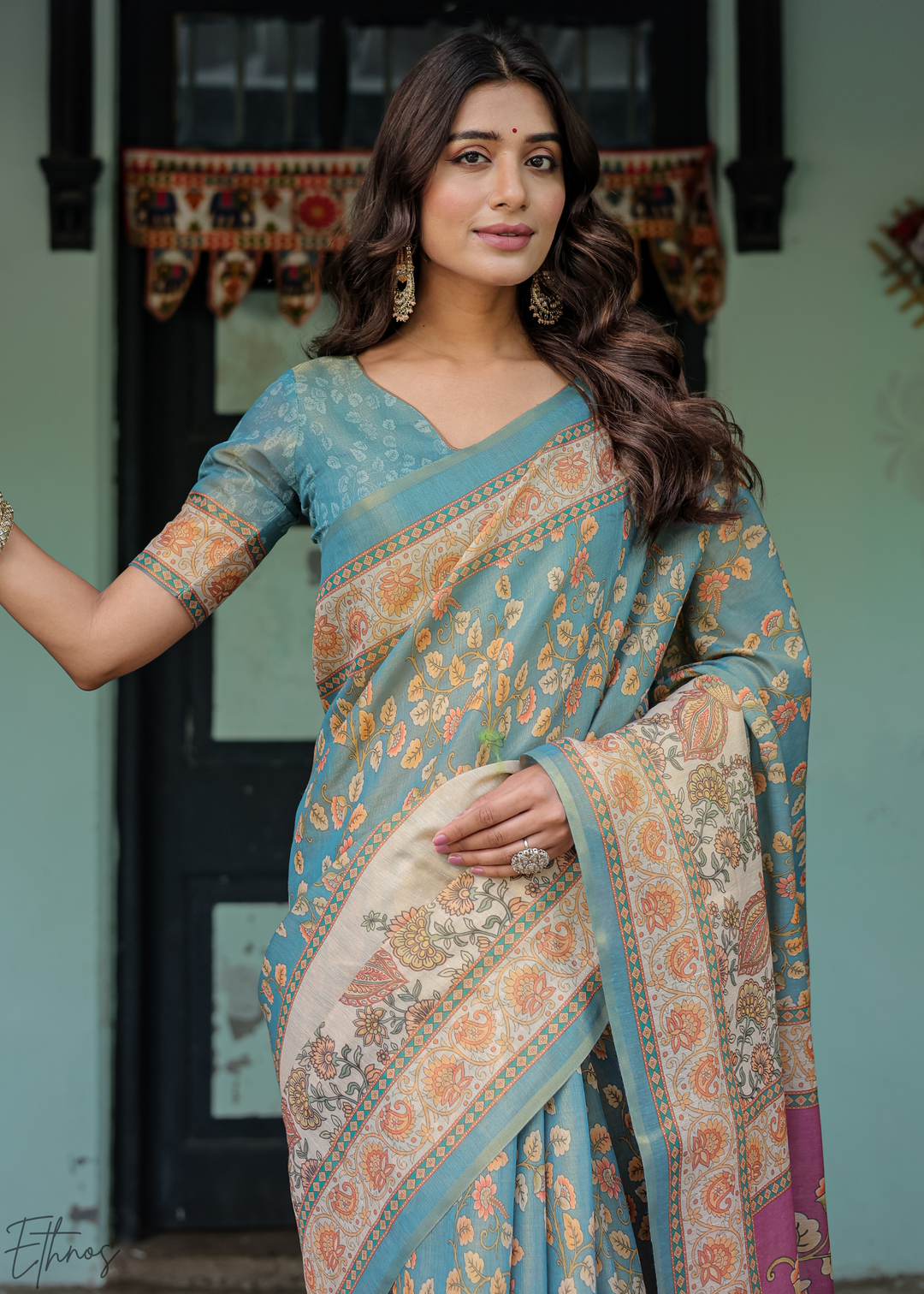 Steel Blue Royal Heritage Cotton Linen Saree