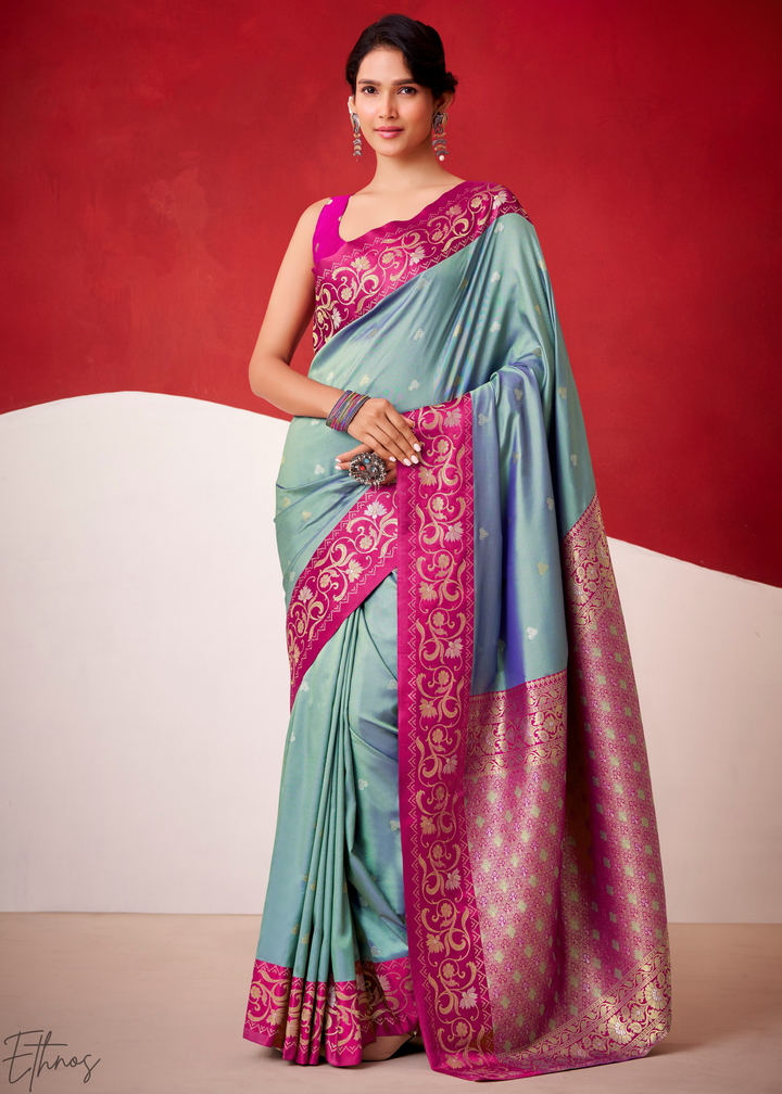 Steel Grey Paisley Border Satin Silk Saree