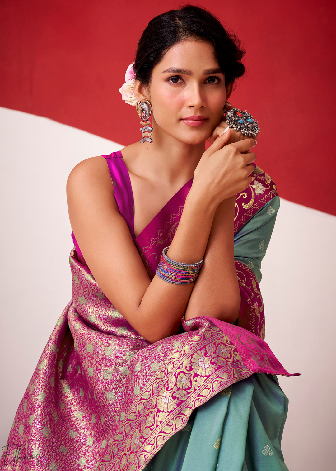 Steel Grey Paisley Border Satin Silk Saree
