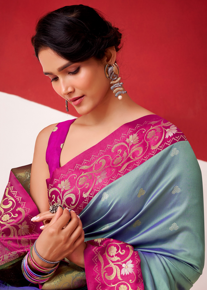 Steel Grey Paisley Border Satin Silk Saree