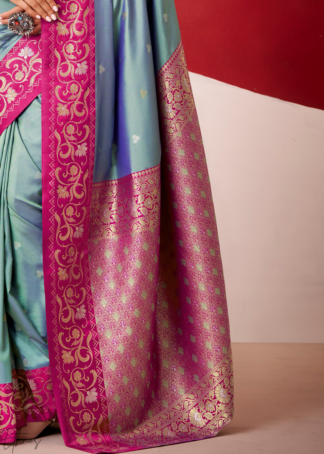 Steel Grey Paisley Border Satin Silk Saree