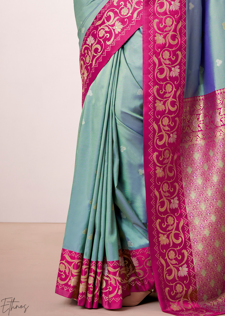 Steel Grey Paisley Border Satin Silk Saree