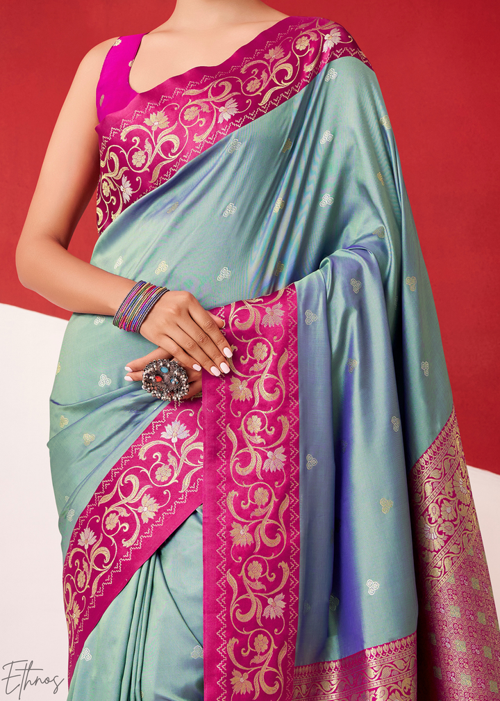 Steel Grey Paisley Border Satin Silk Saree