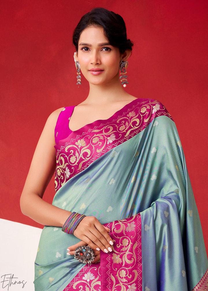 Steel Grey Paisley Border Satin Silk Saree