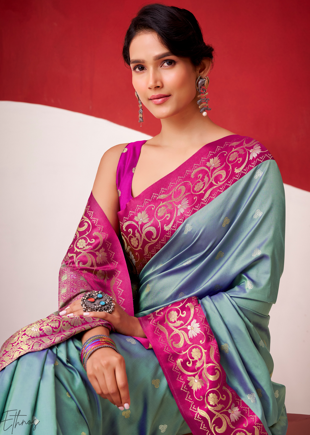 Steel Grey Paisley Border Satin Silk Saree