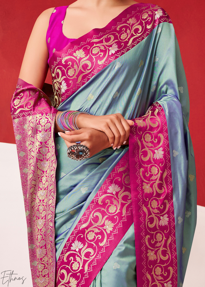 Steel Grey Paisley Border Satin Silk Saree