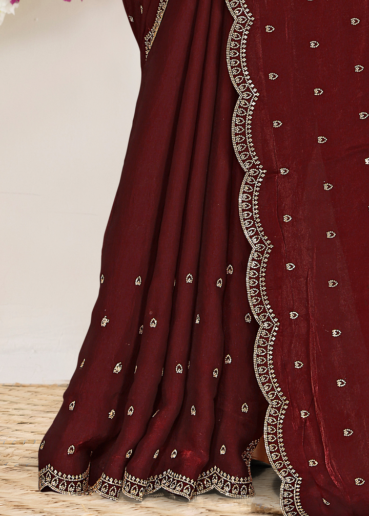 Sumac Wine Scallop Stippled Satin Silk Saree